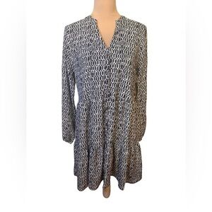 Nine West NWT Womens Black White Tiered Ruffle Geometric Print Dress Medium